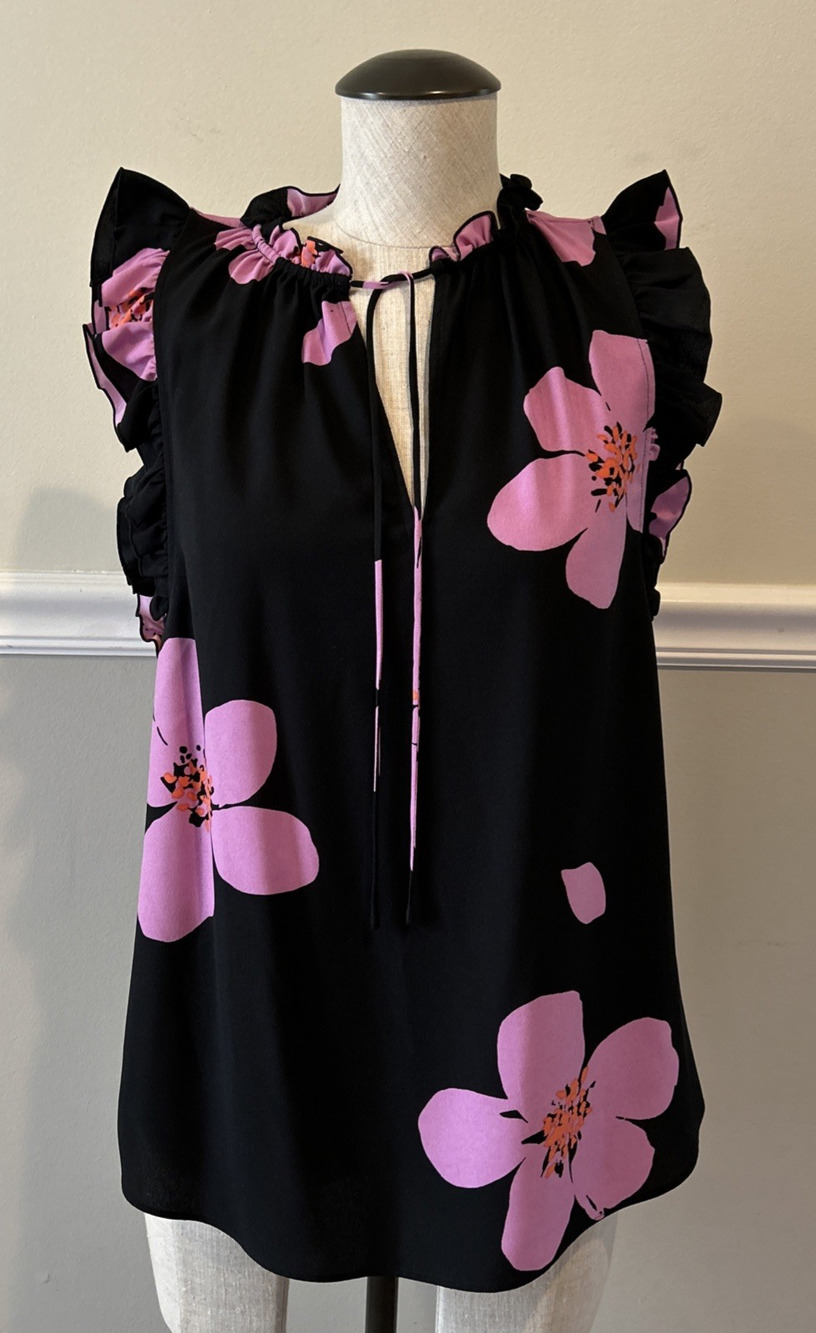 Kate Spade Grand Floral Black Pink Purple Sleeveless Top Size XS Ruffle Women’s